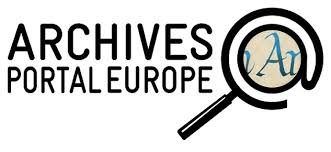 Das Logo des Archivportal Europa zeigt rechts neben dem Schriftzug Archives Portal Europe eine Lupe, deren Glas die Form eines @-Zeichens hat. In der Mitte der Lupe wird der Buchstabe A in alter Schrift angezeigt.