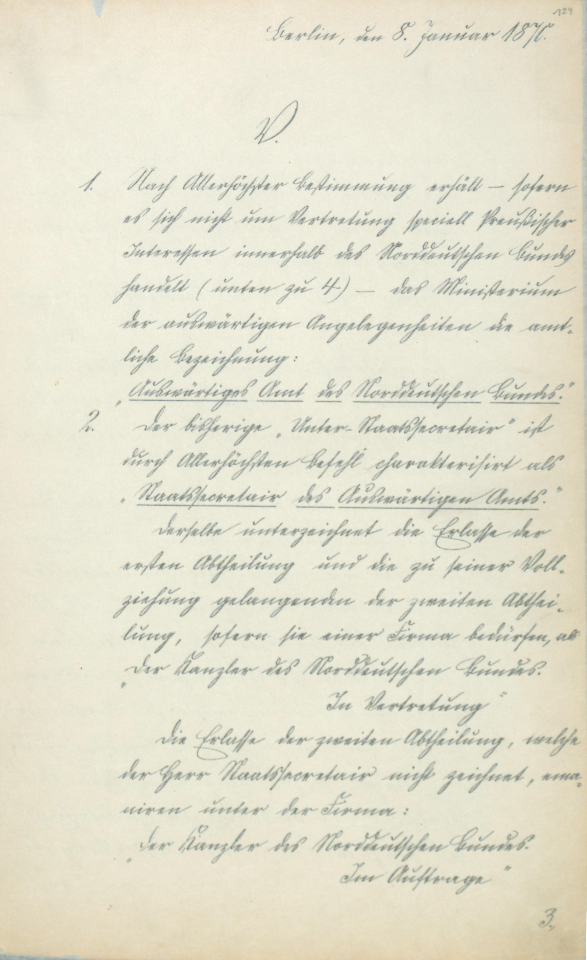 Erste Seite des Gründungserlasses des Auswärtigen Amts vom 8. Januar 1870.