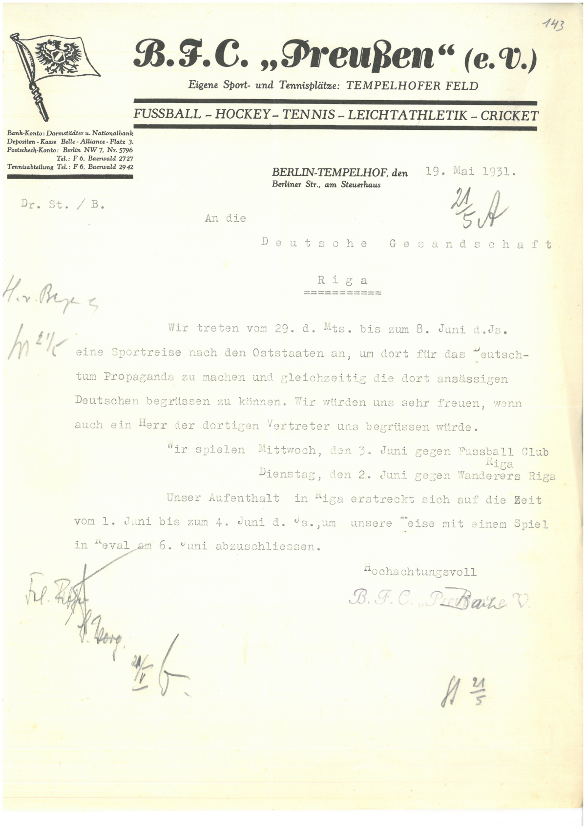 Schreiben des BFC Preußen an die Deutsche Gesandtschaft Riga vom 19. Mai 1931, Archivsignatur: PAAA RAV 222-1/102