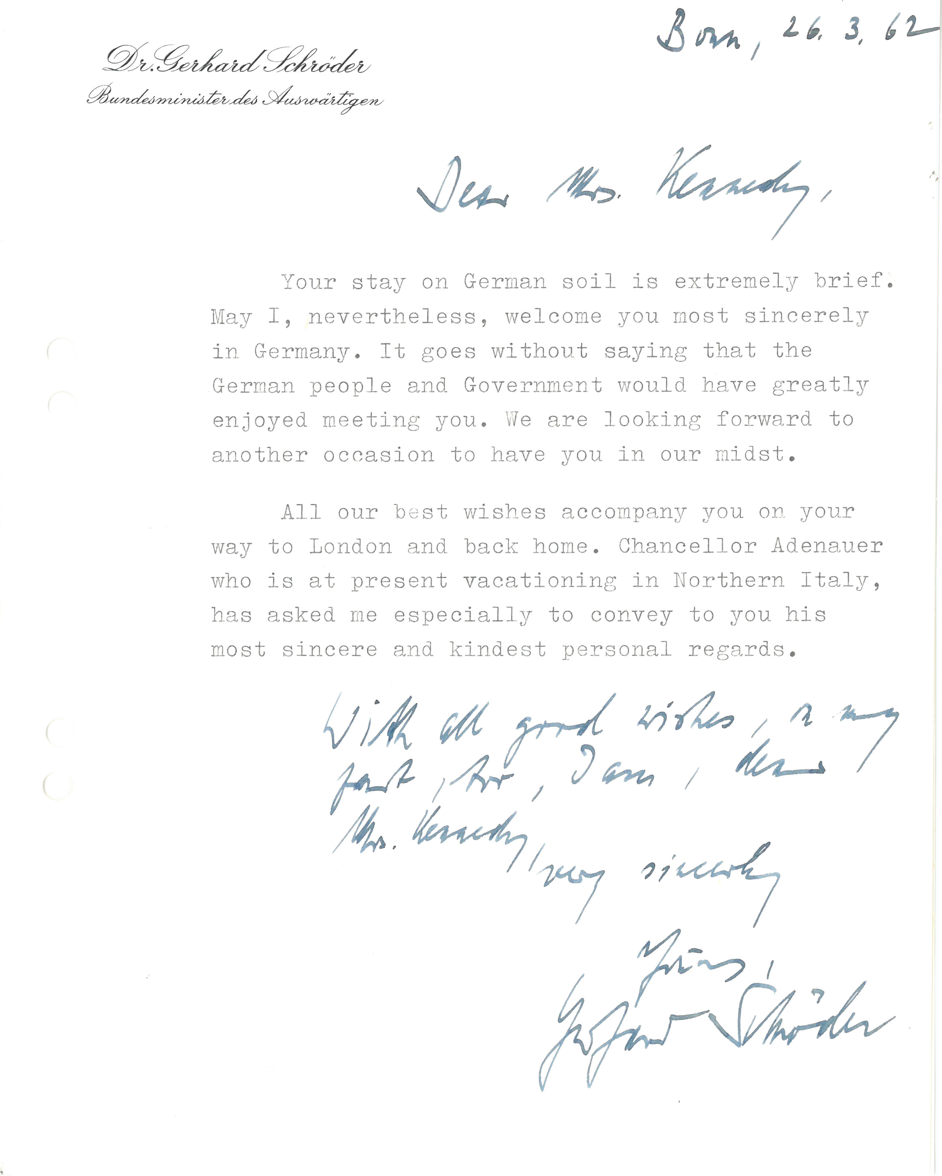 Handschreiben von Außenminister Gerhard Schröder an Jacqueline Kennedy,