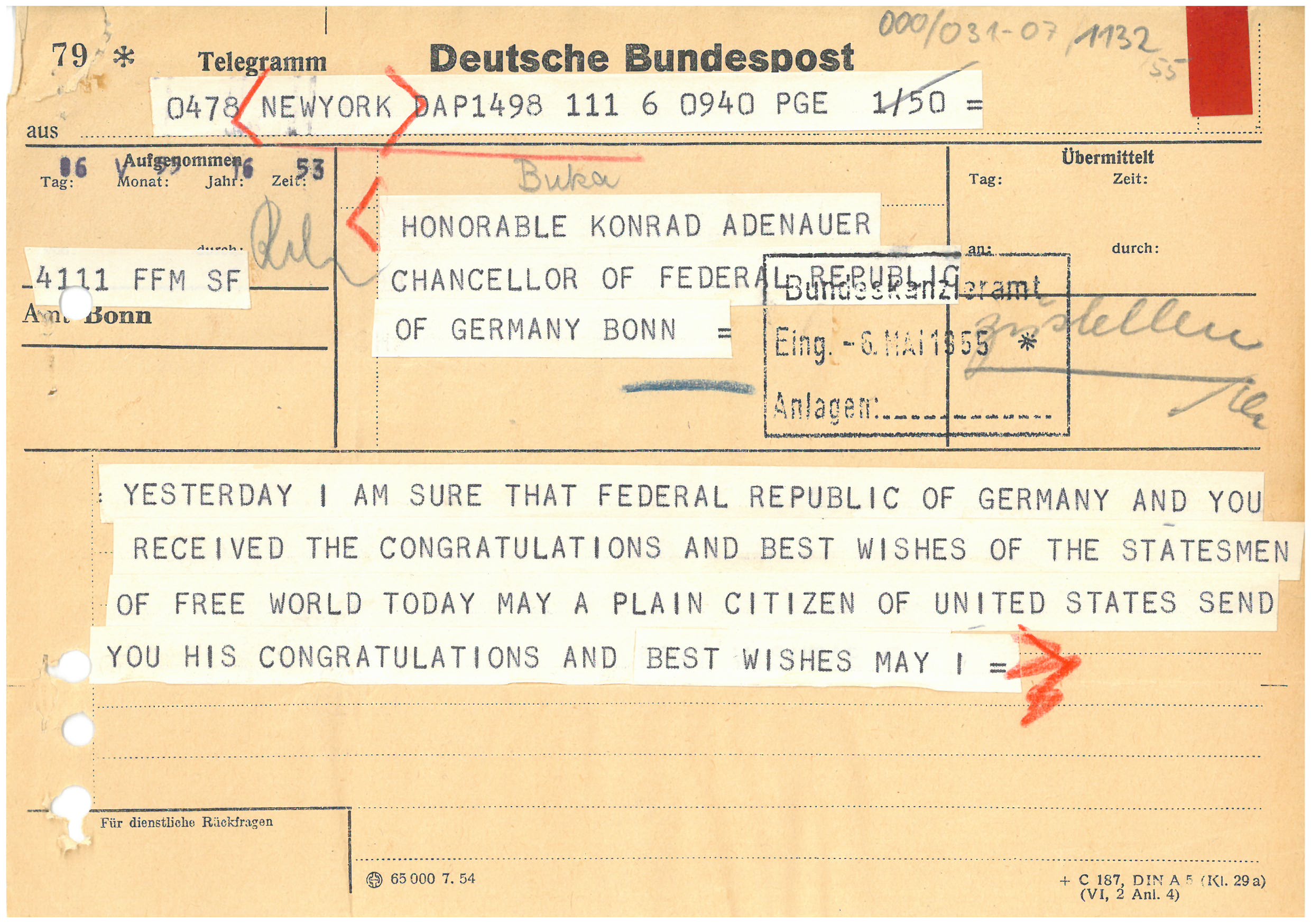 Telegramm mit Glückwünschen zum Tag der Souveränität von Lucius D. Clay. Hier ist die erste Seite zu sehen.