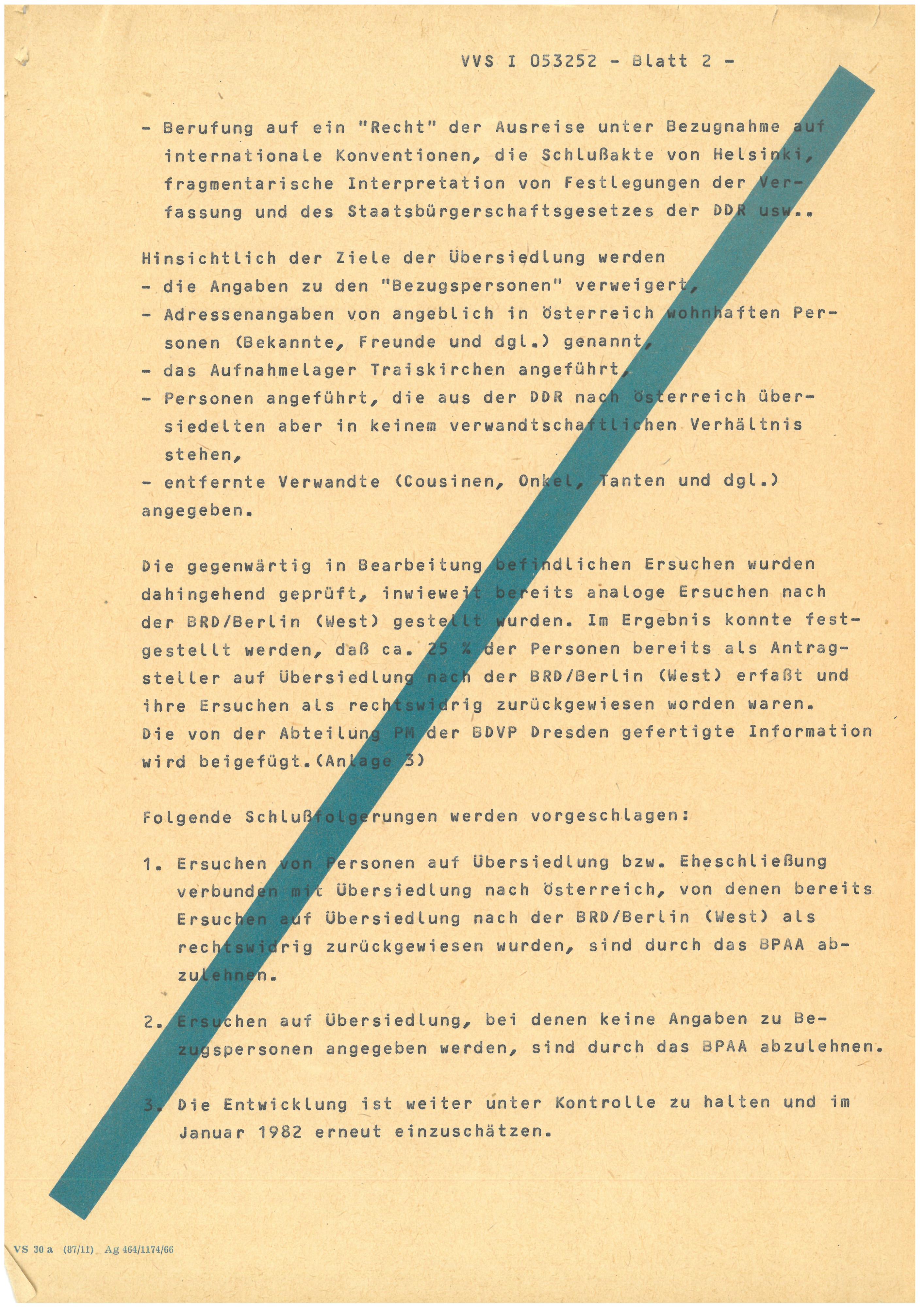 Information über Entwicklungstendenzen und Ursachen der Steigerung von Ersuchen auf Übersiedlung nach Österreich (PA AA, M 3, Bd. 349). Hier ist die Seite zwei zu sehen.