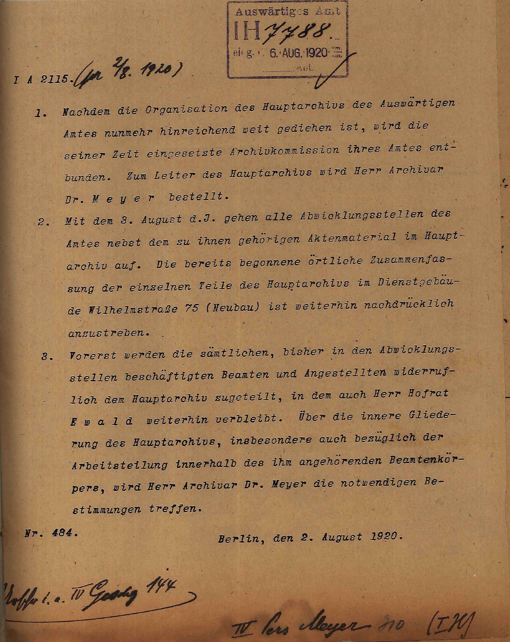 Dokument: Verfügung vom 2. August 1920 über die Einrichtung eines Hauptarchivs im Auswärtigen Amt. Decree of 2 August 1920 on the establishment of a main archive at the Foreign Office.