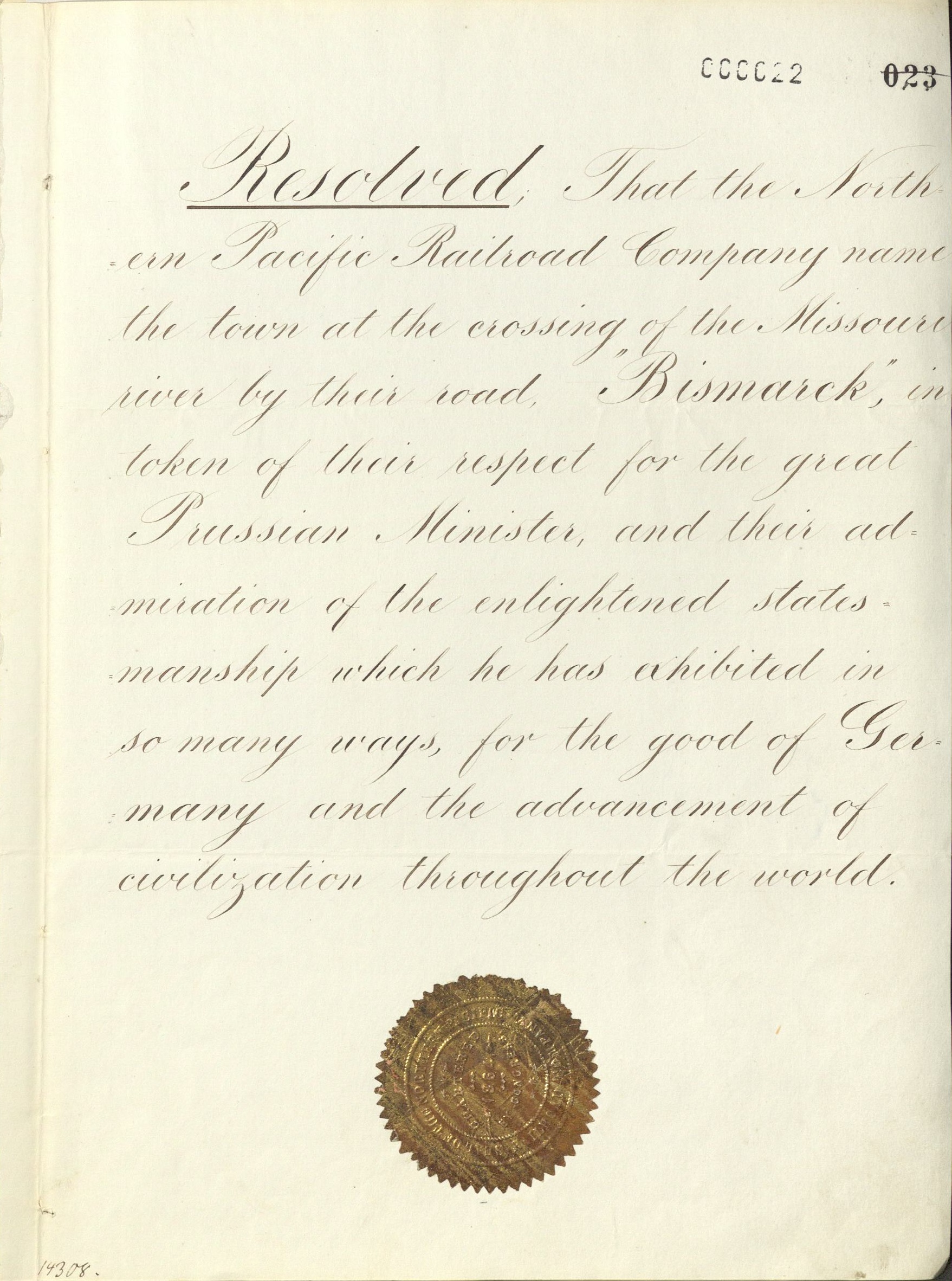 Privaturkunde der Northern Pacific Railroad Company für Otto von Bismarck über die Benennung eines Ortes nach ihm, Seite 22. PAAA P 1/1112.