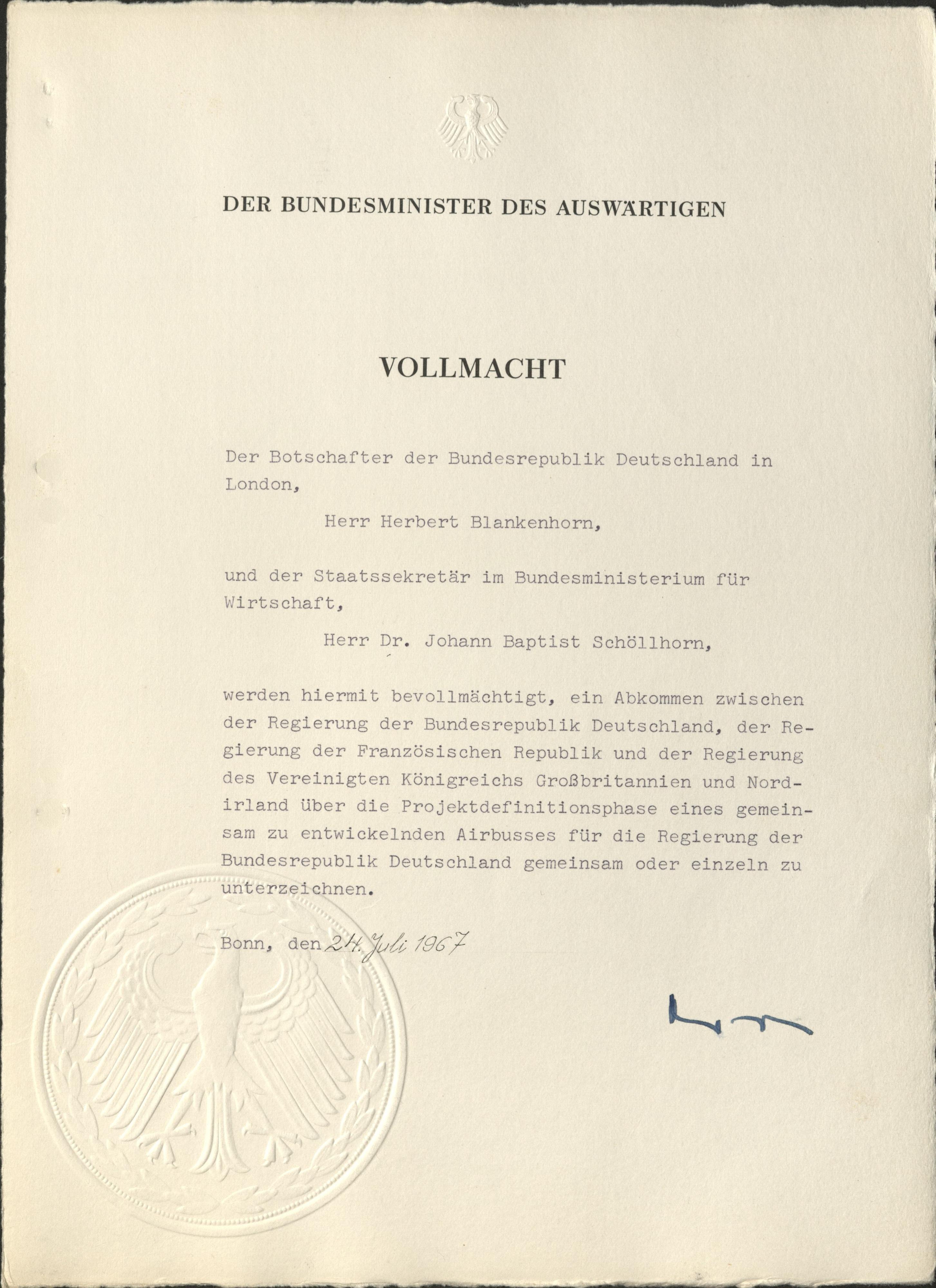Von Willy Brandt ausgefertigte Unterzeichungsvollmacht für die Airbus-Vereinbarung, 24.7.1967, Archivsignatur: PAAA, B 60-REF. 410/IIIA5/644