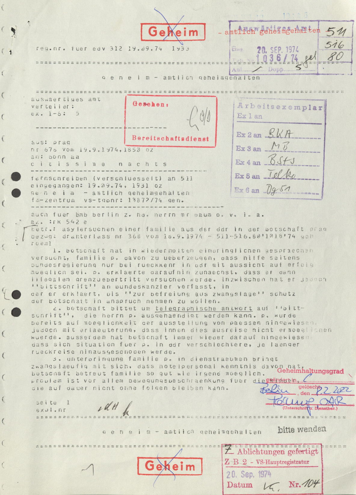 Drahtbericht von Botschafter Ritzel aus Prag an das Auswärtige Amt vom 19. September 1974, Seite 1, Archivsignatur: PA AA B 130-VS/9719