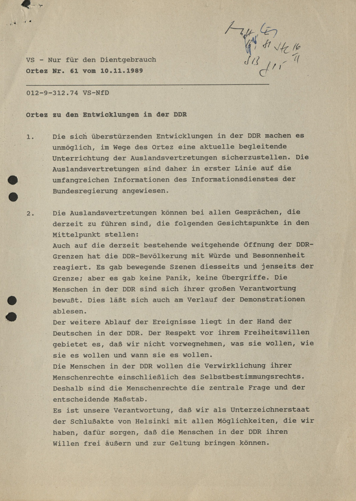 Ortez vom 10. November 1989, Seite 1, Archivsignatur: PA AA B 38-ZA/140685