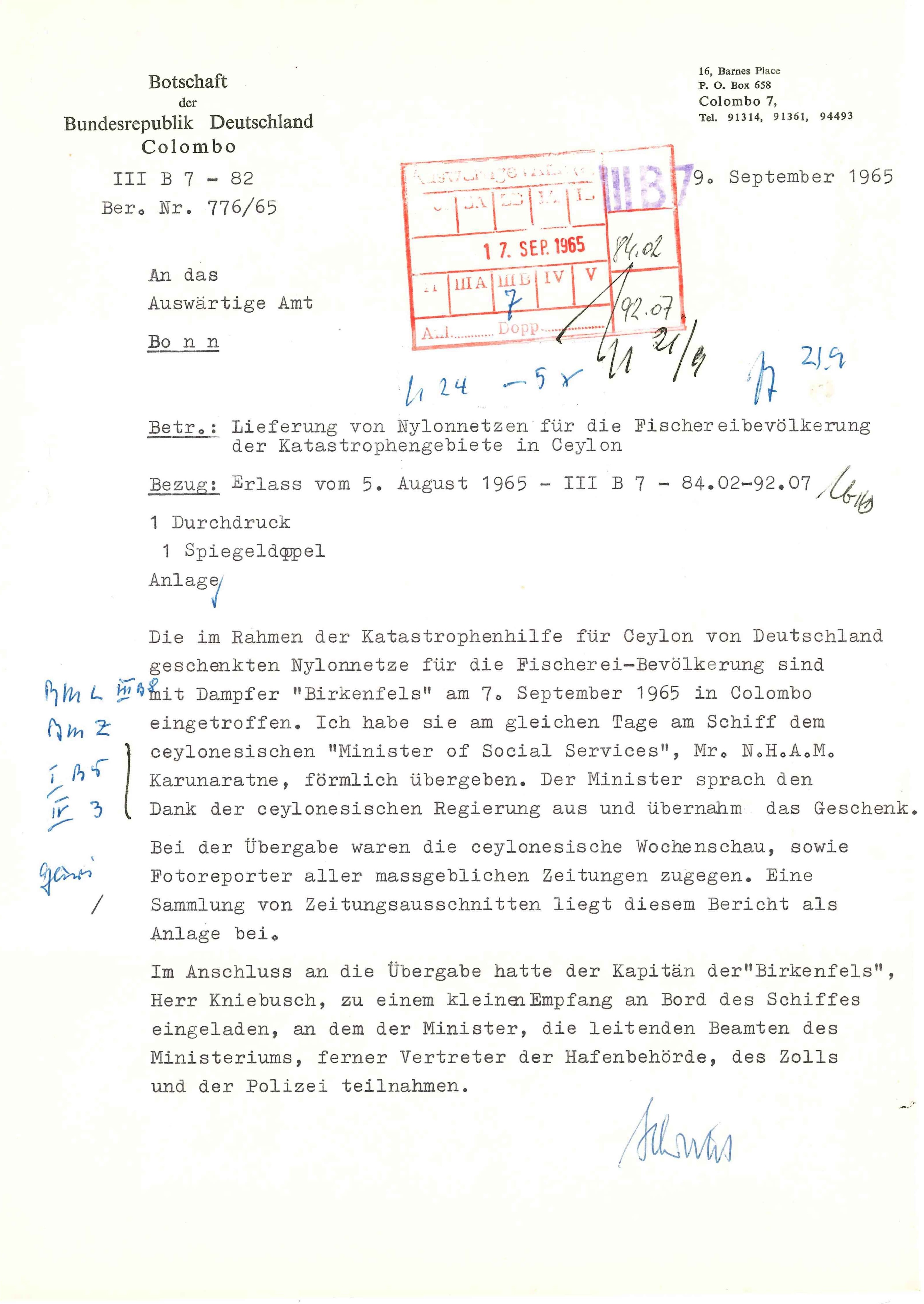 Bericht der Botschaft der Bundesrepublik Deutschland in Colombo vom 9. September 1965 über die Übergabe von Fischernetzen an die Regierung von Sri Lanka, Archivsignatur: PA AA, B 61-REF. IIIB7/63