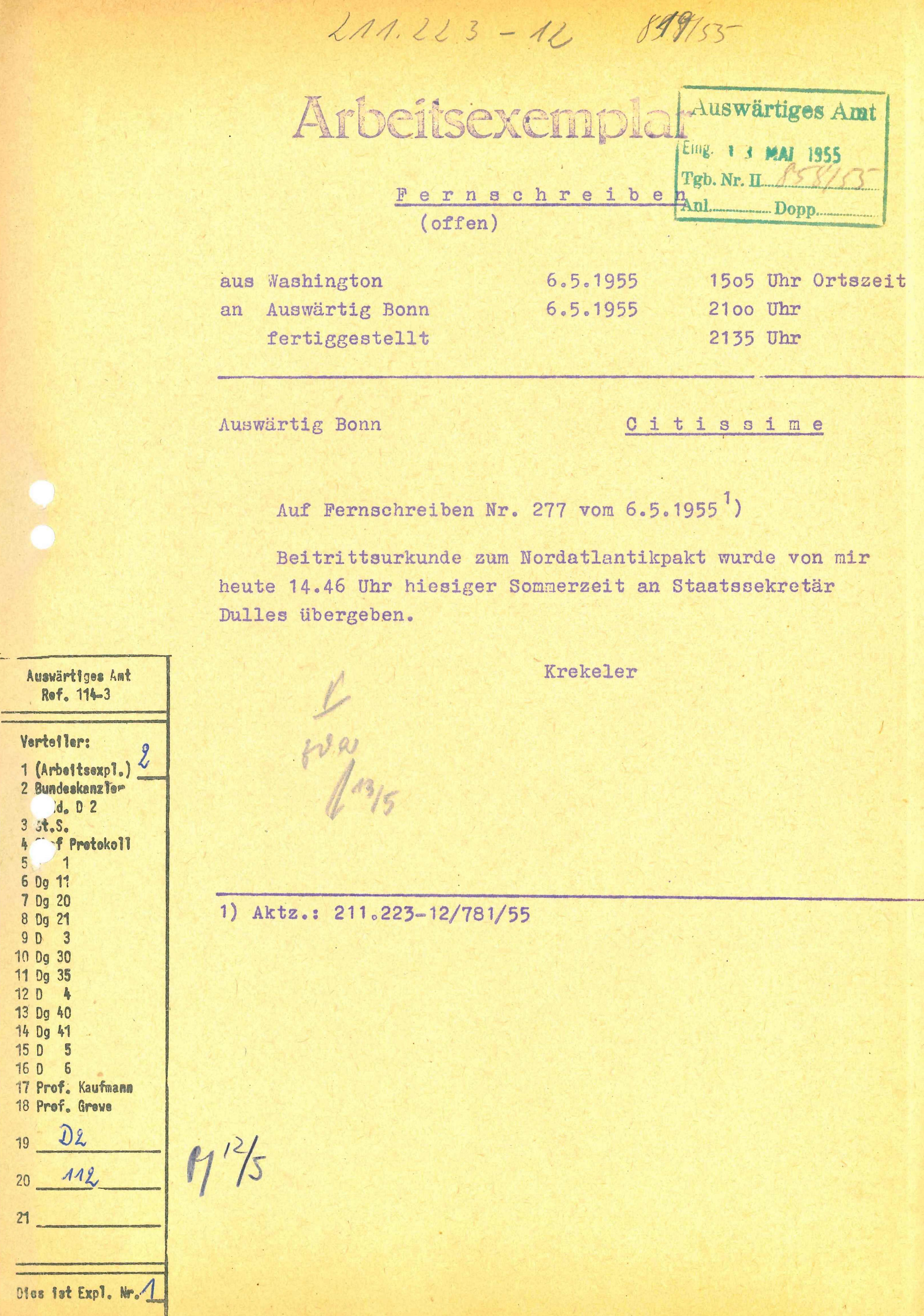Drahtbericht Botschafter Krekeler, Washington, an das Auswärtige Amt, 6. Mai 1955, Archivsignatur: PA AA, B 130-VS-REG/3446A
