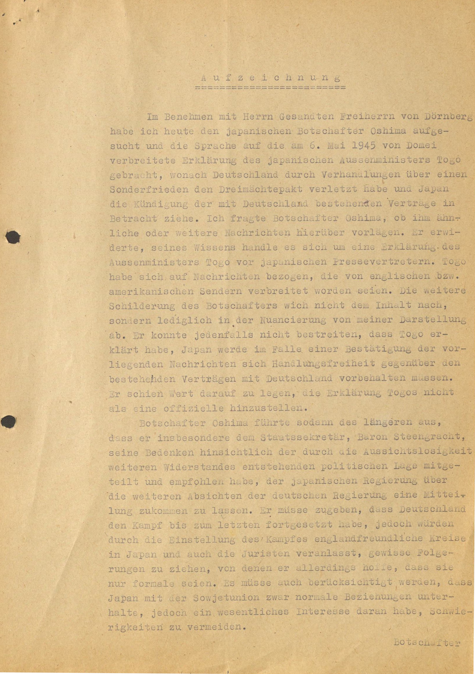 Aufzeichnung des Gesandten Werner von Tippelskirch vom 8. Mai 1945, Seite 1, Archivsignatur: PA AA RZ 619/119145