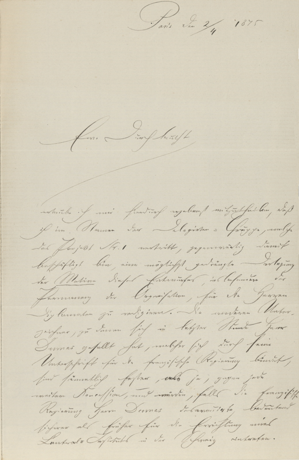 Brief von Wilhelm Julius Foerster an die Deutsche Botschaft in Paris,  2. April 1875, Seite 1, Archivsignatur: PA AA RAV 204-1/16D