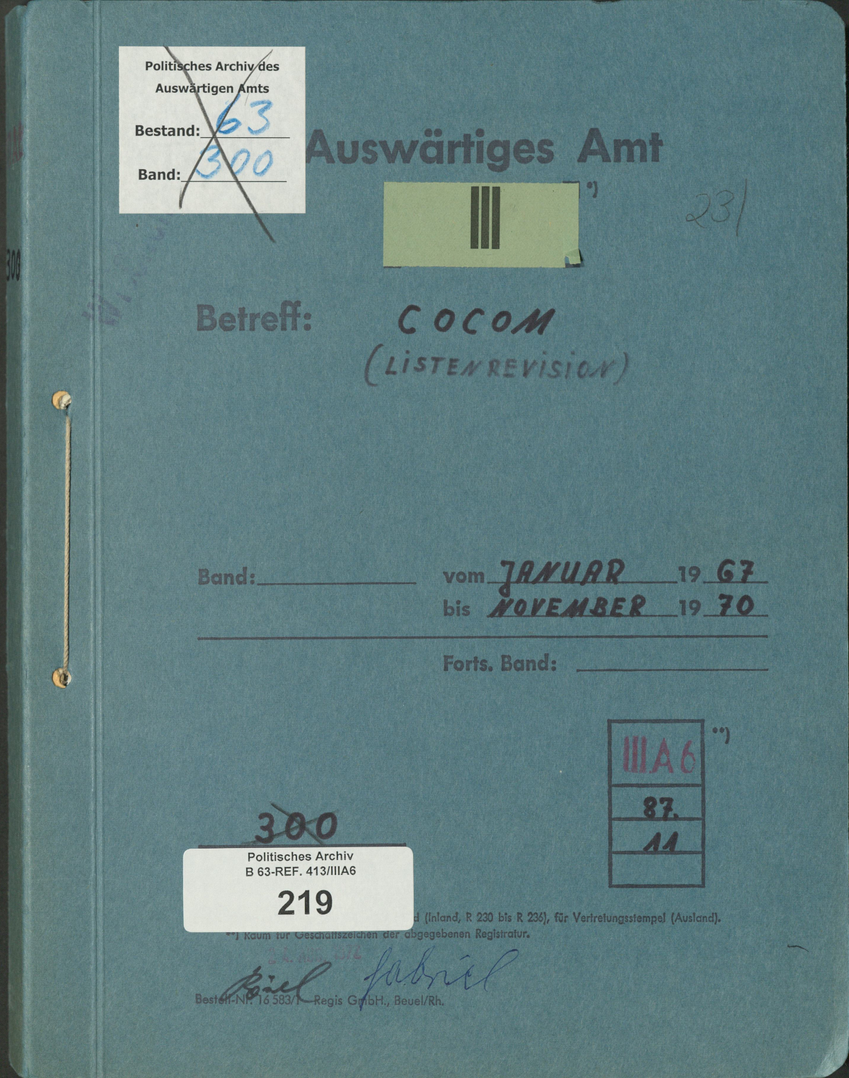 Deckel des Aktenbands 219 aus dem Bestand B 63-REF. 413/IIIA6